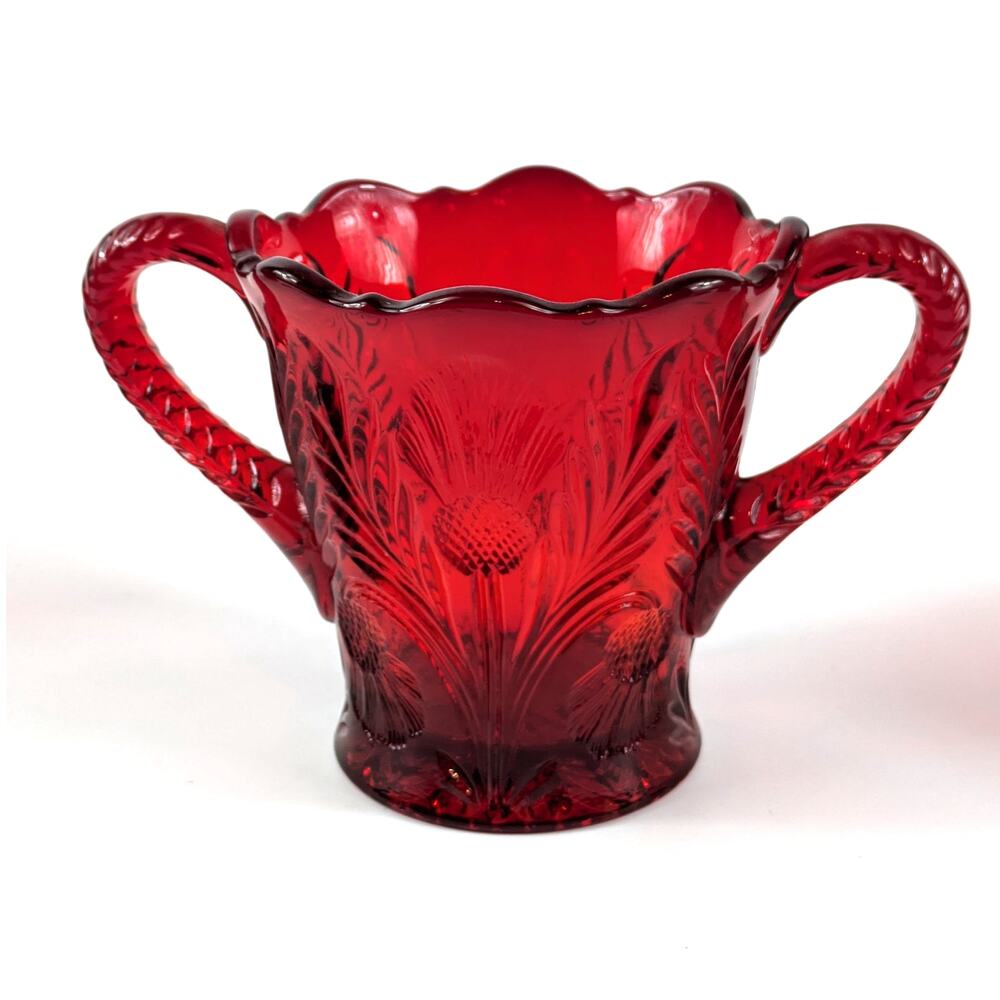 Mosser Inverted Thistle Glass Sugar Bowl Ruby Red Serving Jar Cold Press MCM
